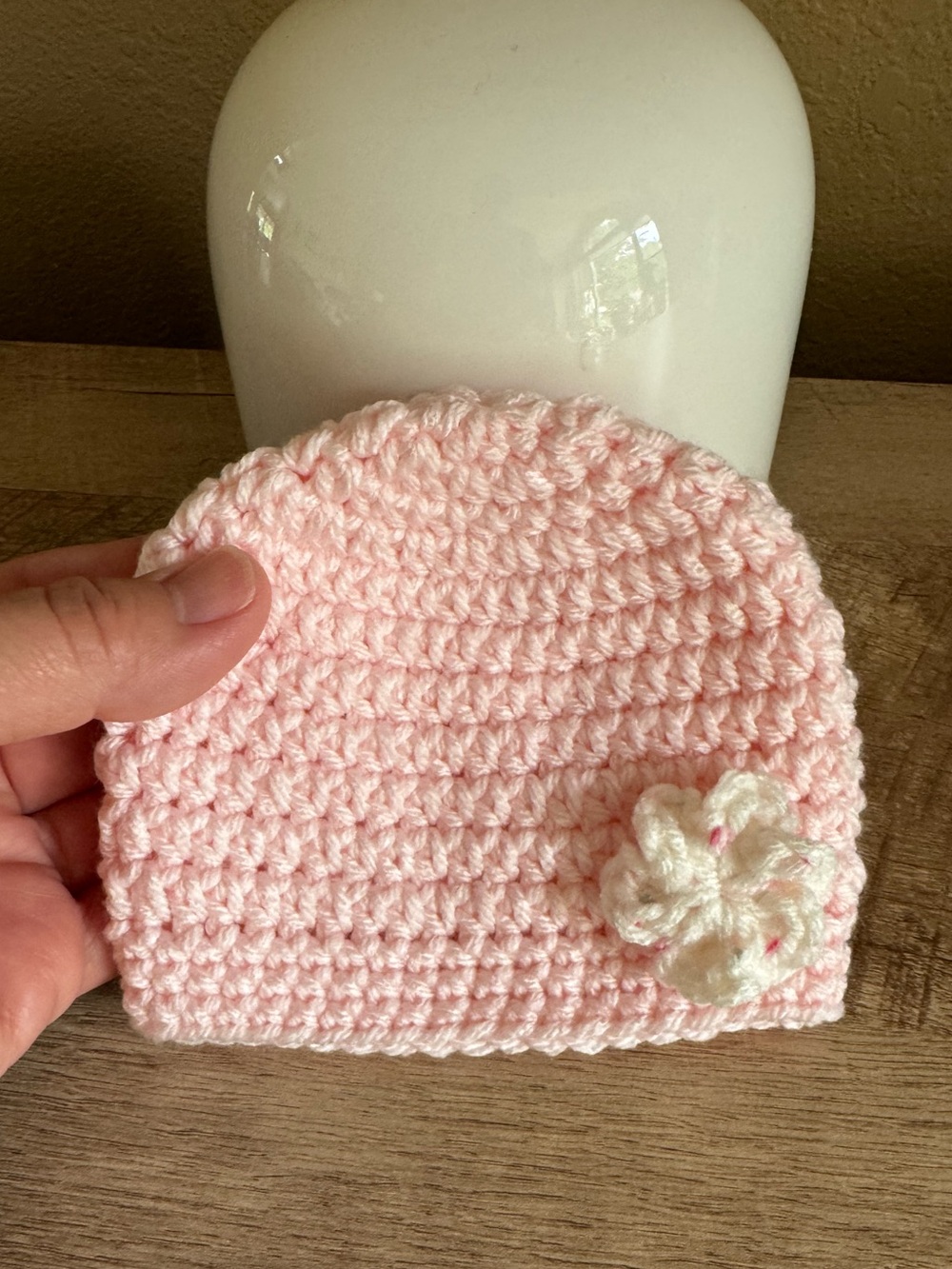 Handmade Preemie Size Pink Crochet Baby Beanie with White Flower.